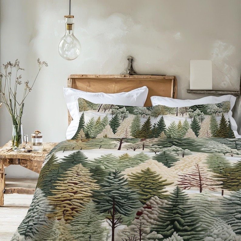 Pine Forest Bedding Set, Textured Look Forest Decor, Cabin Rustic ...