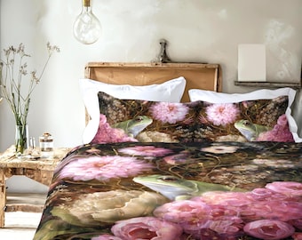 Beddengoed met bloemenkikker, grillig botanische vijverdekbed, dekbedovertrek of gewatteerde set, betoverend slaapkamerdecor Cottagecore Nature