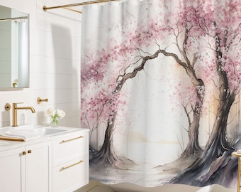 Cherry Blossom Shower Curtain, Japandi Bathroom Decor, Interior Design Luxury Weighted Fabric Shower Curtain, Spring Cherry Trees