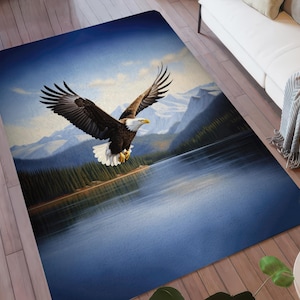 Majestic Flying Bald Eagle Area Rug, Original Bald Eagle Art, Eagle Decor, Eagle Rug, Eagle Carpet, Gift for Bald Eagle Lovers Nature Forest