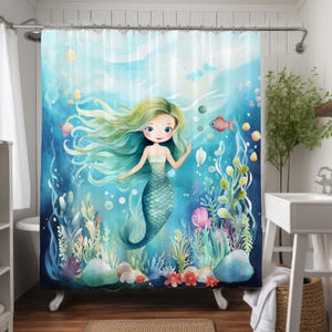 Enchanted Mermaid Weighted Fabric Shower Curtain, Mermaid Bathroom Decor, Mythic Friendly Mermaid Fantasy Legendary Watercolor Child Kid