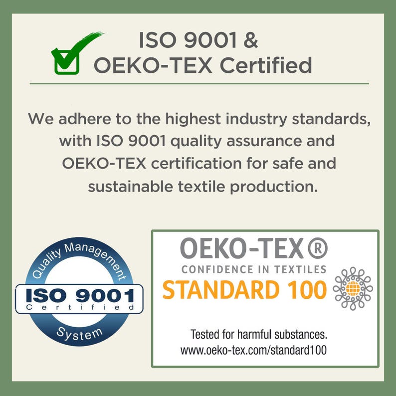 The image is a collage of three images: a green checkmark, a logo for Oeko-Tex, and a website address.