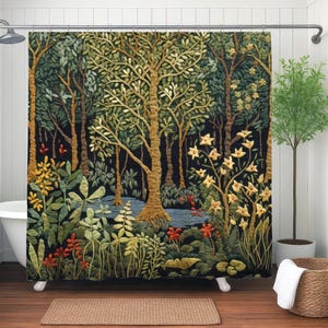 Enchanting Forest Shower Curtain, Embroidered Effect NOT Embroidered, Forest Bathroom Decor, Water Resistant Fabric Weighted Curtain Cottage