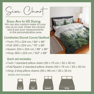 The image is a size chart for bedding, providing the dimensions of different bed sizes in US measurements.