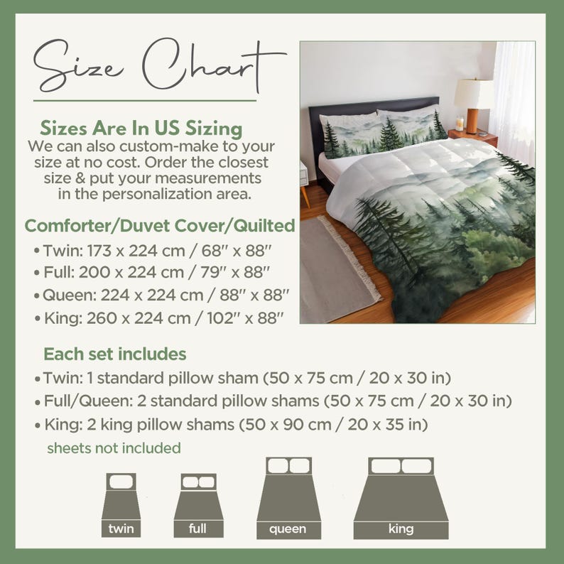 The image is a size chart for bedding, providing the dimensions of different bed sizes in US measurements.
