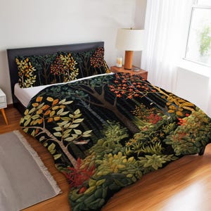 Betoverende herfstbos beddengoedset, prachtig geschilderd effect, bosdecoratie, dekbedovertrek of dekbedset in cottage-stijl met herfstthema.