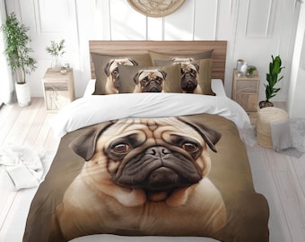 Set di biancheria da letto a forma di carlino, copriletto con decorazione a forma di carlino, copripiumino, trapunta o set trapuntato per gli amanti dei carlini