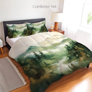 Stylized Vintage Pine Forest Watercolor Bedding Set, Duvet Set, Comforter Set Or Quilt Set, Landscape Bedding Cabin Decor Pine Trees Nature