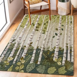 Stylized Birch Forest Area Rug, 3D-Effect Faux Embroidery Print, Modern Rustic Woodland Decor, Cottage Farmhouse Cabin Carpet