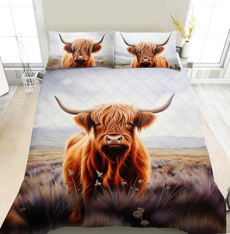 Rustic Highland Cow Bedding Set, Highland Cow Art Decor, Farmhouse Cottage Duvet Cover, Comforter or Quilt Set Quilted Set
