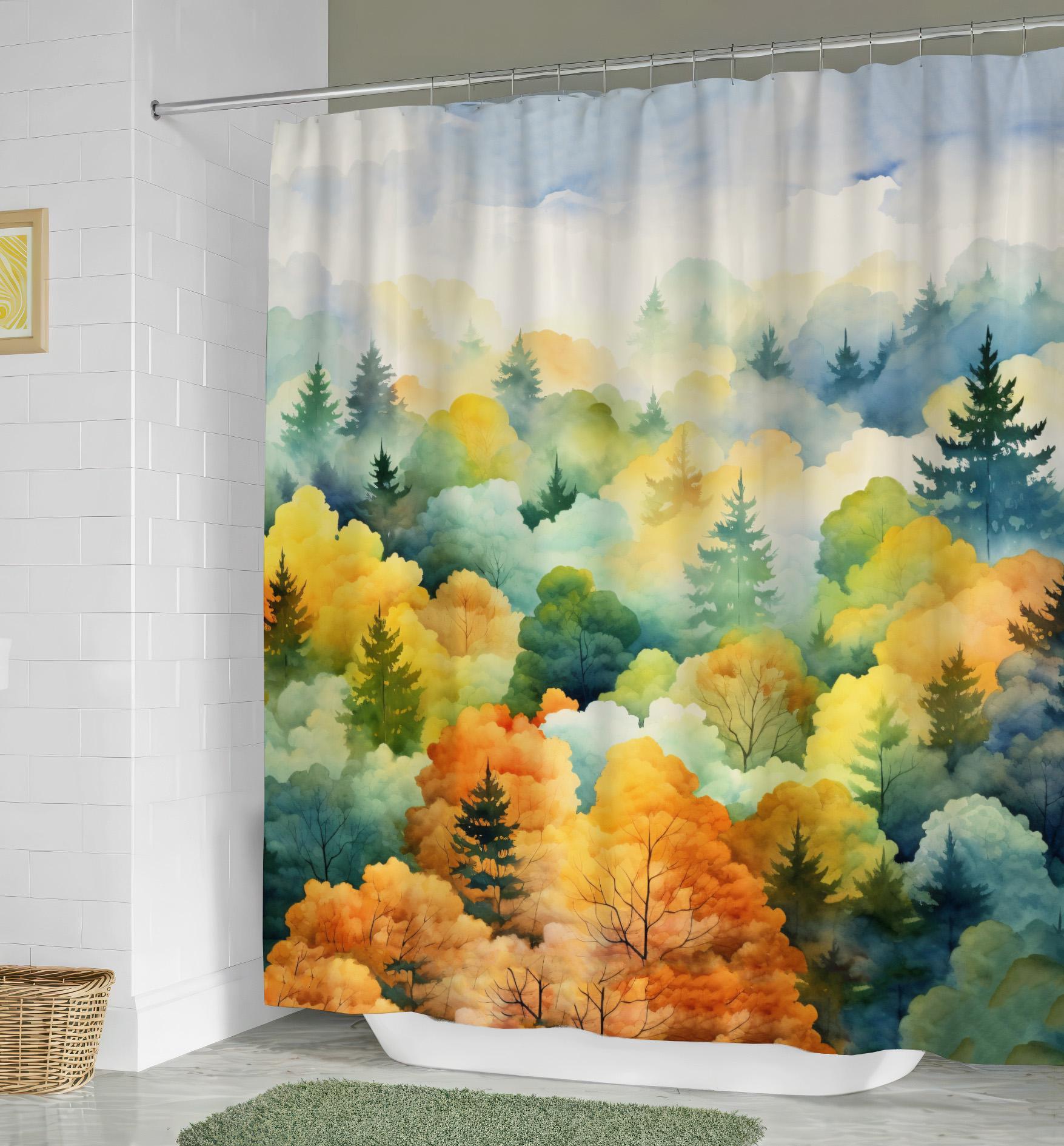 Nebelwald-Duschvorhang: Herbstwald-Motiv Mit Haken, 183x183 Cm – Badezimmer-Dekor Im Naturstil
