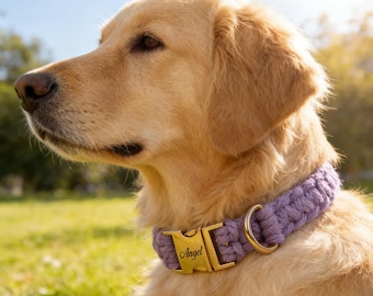 Handmade Boho Braided Cotton Dog Collar, Custom Engraved Name Tag