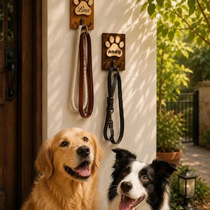 Personalized Dog Leash Holder, Custom Wooden Paw Wall Hook, Pet Name Leash Organizer, Gift for Dog Lovers，Engraved Paw Name Sign