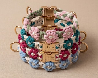 Hand Woven Dog Collar, Personalized Flower Dog Collar, Adjustable Pet Collar with Engraved Name Tag, Custom Puppy Collar