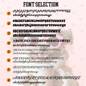 May include: Image showcasing font options with the title "FONT SELECTION". Eight different font styles are displayed, each with uppercase and lowercase alphabets. The background features a dog wearing pink sunglasses, holding a cup, with a pink heart pattern.