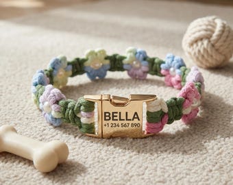 Custom Pet Collar with Name Tag – Braided Cotton Dog Collar, Adjustable Cat Collar, Handmade Boho Pearl Flower Collar