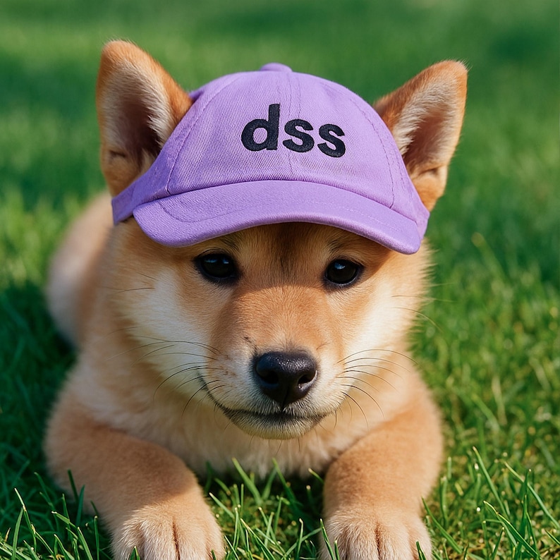 May include: A Shiba Inu puppy wearing a purple baseball cap with the letters "dss" in black. The puppy is lying on green grass, with its brown and white fur contrasting with the cap and grass.