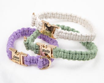 Handmade Braided Cotton Pet Collar | Engraved Buckle, Boho Style