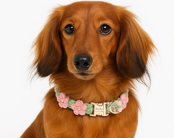 Handgeweven hondenhalsband, gepersonaliseerde geweven hondenhalsband met bloemen, verstelbare hondenhalsband met gegraveerd naamplaatje, hondenhalsband