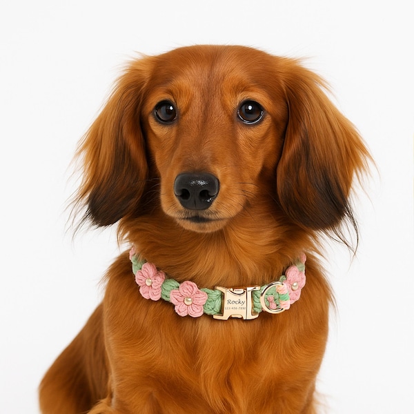 手編みの犬用首輪、パーソナライズされた編み花の子犬用首輪、カスタム刻印された名前タグ付きの調節可能なペット用首輪、犬用首輪