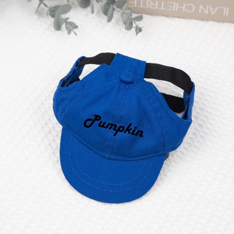 May include: A royal blue baseball cap for pets, featuring the embroidered word "Pumpkin" in black script. The cap has a black strap for securing it to the pet's head.