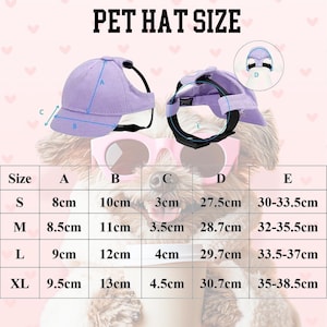 May include: A light purple pet hat with a black strap, displayed with a size chart. The chart provides measurements in centimeters for hat dimensions, including the brim width and strap length. The text "PET HAT SIZE" is at the top.