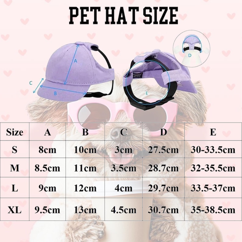 May include: A light purple pet hat with a black strap, displayed with a size chart. The chart provides measurements in centimeters for hat dimensions, including the brim width and strap length. The text "PET HAT SIZE" is at the top.