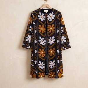 Statement Boho Floral Coat – Embroidered Long Jacket Women Vintage Ethnic Luxe Festival Outerwear, Gift For Her.