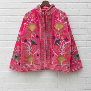 Luxury Velvet Suzani Embroidered Jacket, Pure Velvet Suzani Embroidered Jacket, Handmade Boho Floral Short Coat, Vintage wear for Women