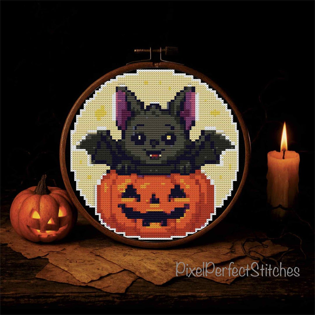Cute Bat in Pumpkin Cross Stitch Pattern - Halloween Digital PDF ...
