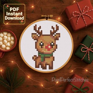 Cute Red-Nosed Reindeer Cross Stitch Pattern - Christmas Digital PDF - 75x75 Stitches