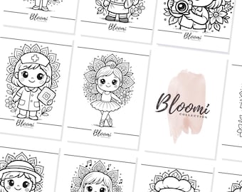 Libro para colorear de mandalas kawaii / Profesiones y motivos florales (PDF)
