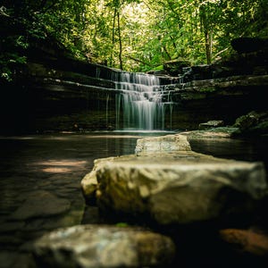 Hidden Forest Waterfall – Serene Nature Photography Print