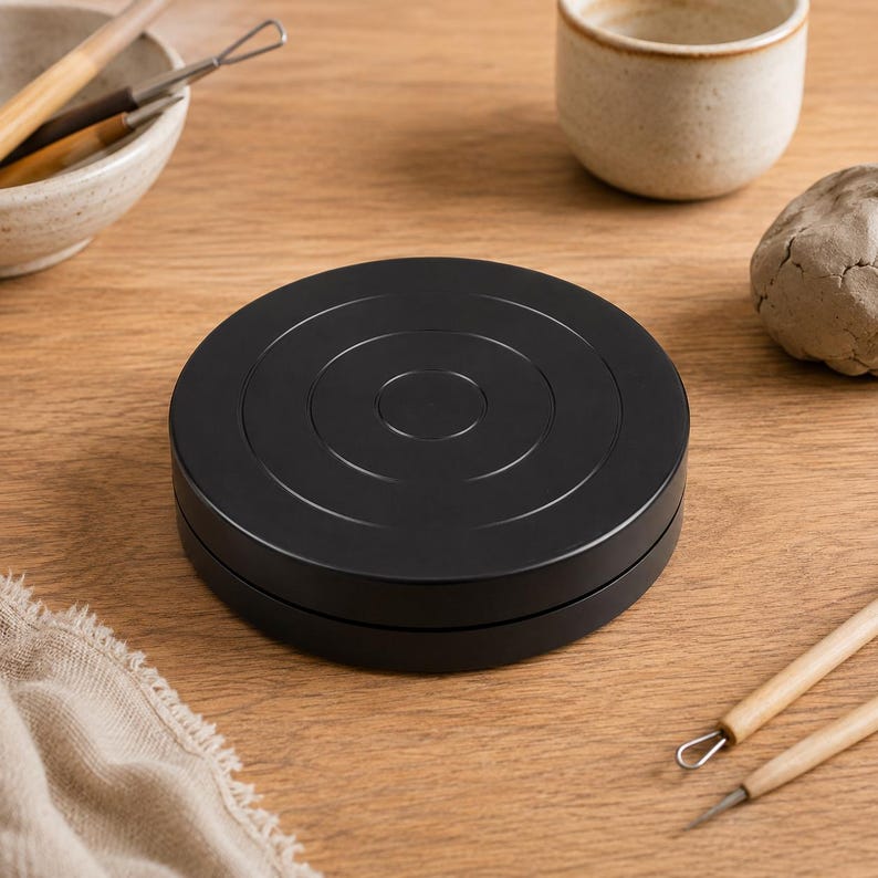 Rotating pottery turntable used with clay tools for ceramic sculpting and decorating