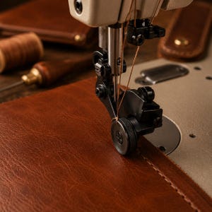 May include: A heavy-duty industrial sewing machine presser foot with a black metal roller guide, stitching a straight line through a thick piece of textured brown leather with thin tan thread, showing the needle and metal components in detail.