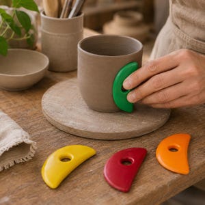 Könnte beinhalten: Ein grauer Keramikbecher, der mit einem glatten, halbmondförmigen grünen Kunststoff-Formwerkzeug bearbeitet wird. Drei weitere Formwerkzeuge in Gelb, Rot und Orange liegen auf der Oberfläche, jedes mit einem mittigen Loch für festen Halt.