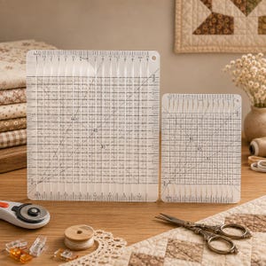 May include: Two clear acrylic quilting rulers with black grid markings, metric measurements, and diagonal angle lines at 30, 45, and 60 degrees. The rulers are rectangular with rounded corners and a small hole at the top right for hanging storage.