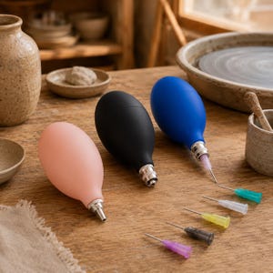May include: Three rubber air blower bulbs in pastel pink, matte black, and vibrant blue, each featuring a metal nozzle attachment. Five additional interchangeable needle-style tips in green, clear, yellow, grey, and purple are arranged nearby.