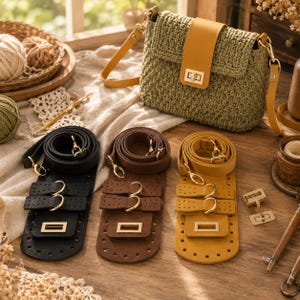 May include: A sage green crocheted crossbody bag with a mustard yellow leather flap and gold-tone hardware, accompanied by three leather bag base sets in black, brown, and mustard yellow, each featuring gold-tone buckles and strap attachments.