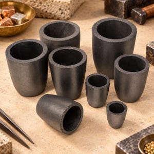 May include: A collection of eight dark grey graphite crucibles of varying sizes, arranged in a group. These cylindrical vessels feature thick walls and open tops, designed for high-temperature melting applications in metalworking and casting processes.