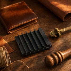 May include: A black metal leathercraft edge creaser tool with numbered slots from 1 to 6MM, positioned alongside a brown leather wallet, a brass edge beveler, a wooden burnisher, and a spool of tan thread on a dark wooden surface.