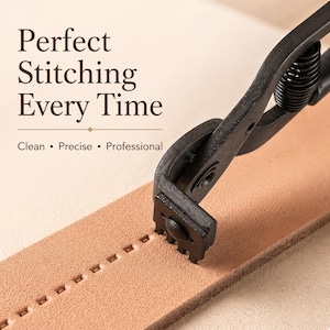 May include: A black leathercraft stitching tool is shown in use, creating evenly spaced stitch holes in a tan leather strap. The text "Perfect Stitching Every Time" is displayed above the tool.