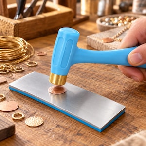 May include: A light blue mallet with a brass head striking a small copper disc placed on a rectangular steel bench block. The tool features a smooth, moulded handle and a cylindrical metal striking surface, used for metalworking and jewellery making.