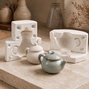 May include: Two white plaster ceramic molds for casting teapots, one matte white ceramic teapot, and one light blue-green glazed ceramic teapot with a crackle finish. Each teapot features a rounded body, a small lid, and a curved handle.