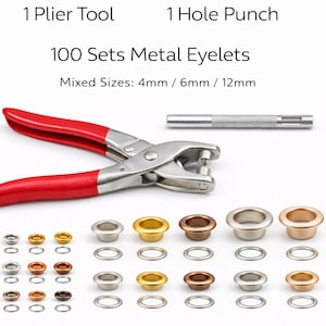 Complete metal grommet kit including plier tool, hole punch and 100 sets mixed size eyelets 4mm 6mm 12mm