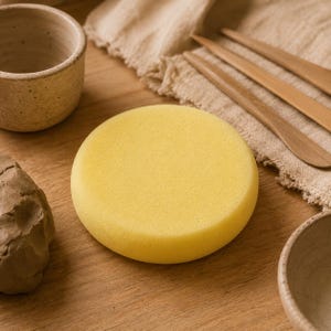 Peut inclure: Une éponge jaune, ronde et poreuse avec une surface lisse et plate. L'éponge est placée parmi divers outils de modelage, notamment une petite tasse en céramique, un morceau d'argile brute et plusieurs bâtonnets en bois sur une surface en bois.