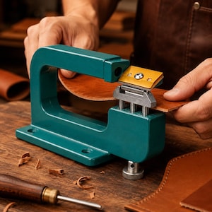 Può includere: Una macchina per scarnire la pelle in metallo color verde ottanio con portalama dorato e manopola di regolazione argentata. L'utensile presenta un telaio a forma di C per assottigliare strisce di pelle marrone e una base con fori.