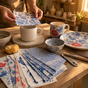 Ceramic Underglaze Transfer Paper, Water Slide Decal Sheet, Floral Blue White Pottery Transfer for Mug, Plate & Porcelain DIY