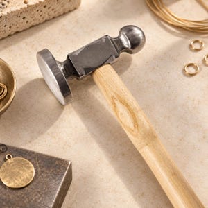 May include: A metal chasing hammer with a polished flat face and a rounded ball peen head, featuring a smooth, light-coloured wooden handle. The tool is designed for metalworking and jewellery making, showcasing a sturdy steel head and a grain-patterned handle.