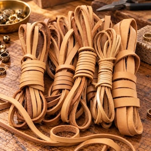 Può includere: Diverse matasse di cordino in pelle color cuoio naturale sono disposte in un gruppo. Ogni striscia di pelle piatta è avvolta ordinatamente e fissata con un piccolo anello dello stesso materiale, mostrando una consistenza liscia e uniforme.